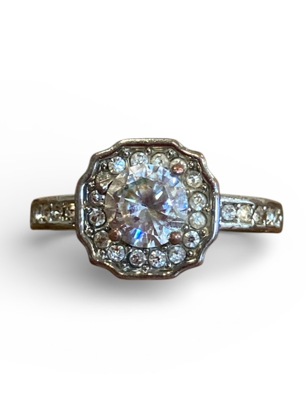 Size 7 Silver Tone Halo Ring Clear Stone Poor Condition!